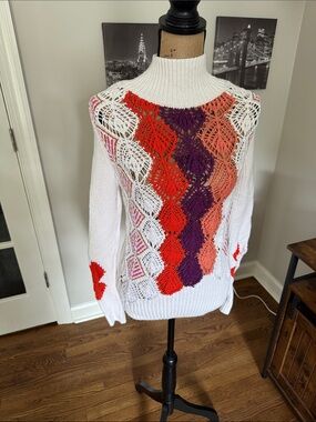 Peter Pilotto White Turtleneck Sweater with Red, Purple & Coral Crochet Diamonds